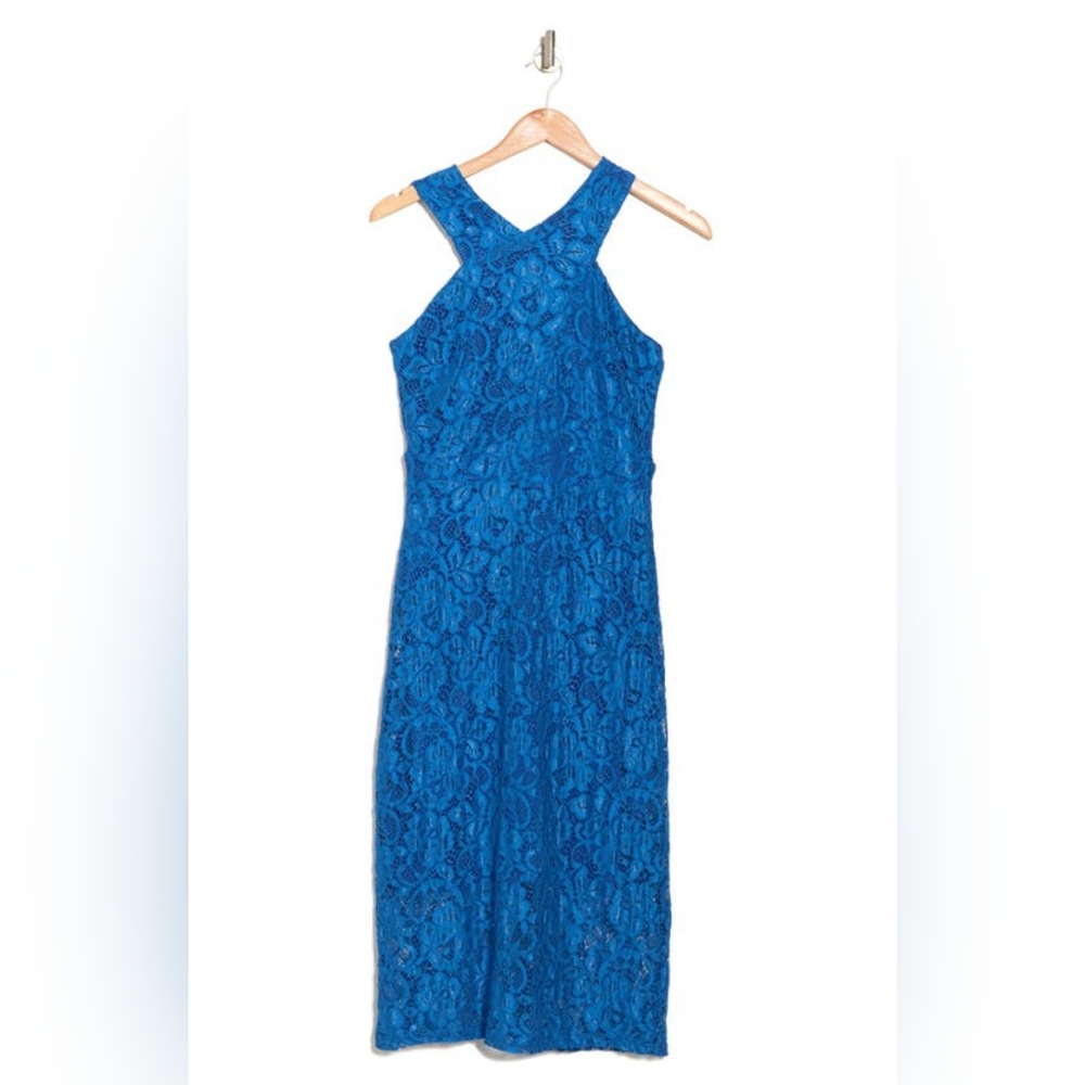 Sam Edelman Cross Neck Lace Blue Midi Dress